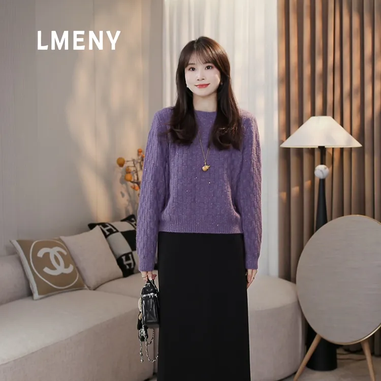 LMENY“闪亮定格”超吸睛~羊毛+兔毛圆领提花格纹亮片毛衣25DM034