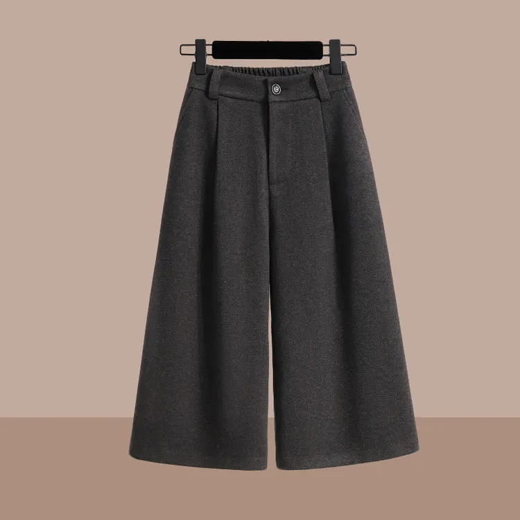 时尚气质高级感灰色毛呢阔腿裤女士冬季新款加厚宽松休闲七分裙裤