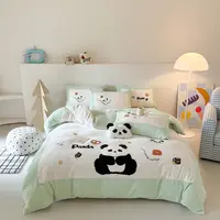 【MJ】熊猫咖啡屋 高克重加厚牛奶绒刺绣拼角四件套学生宿舍三件套