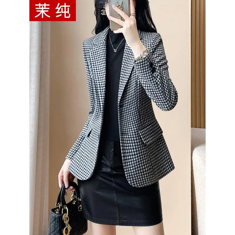 西装外套女2025新款黑白色千鸟格长袖西服时尚洋气高级感休闲上衣