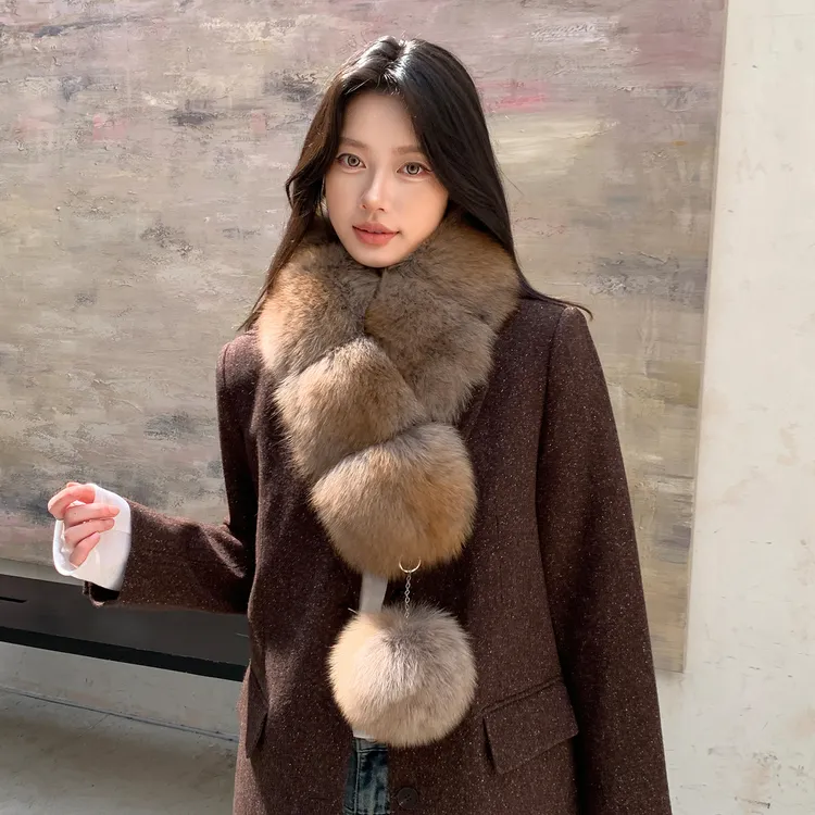 狐狸毛长款大毛球围巾 双面毛内里冬季保暖气质皮草围脖女吸扣款