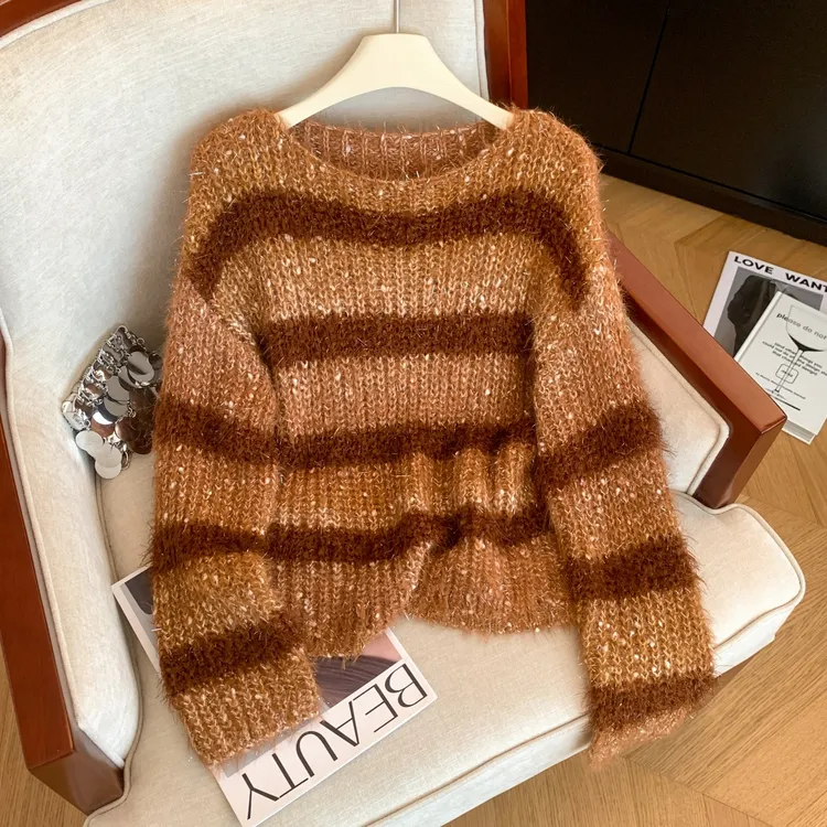 法式高级感亮丝条纹针织衫女秋冬季新款宽松时髦精致长袖毛衣上衣