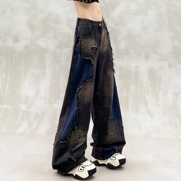 拼接设计感水洗加绒牛仔裤女冬新款高腰宽松显瘦百搭直筒阔腿裤潮