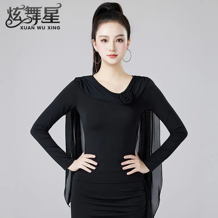 拉丁舞上衣女2025新款飘逸网纱拼接舞蹈服成人摩登舞练功服上装