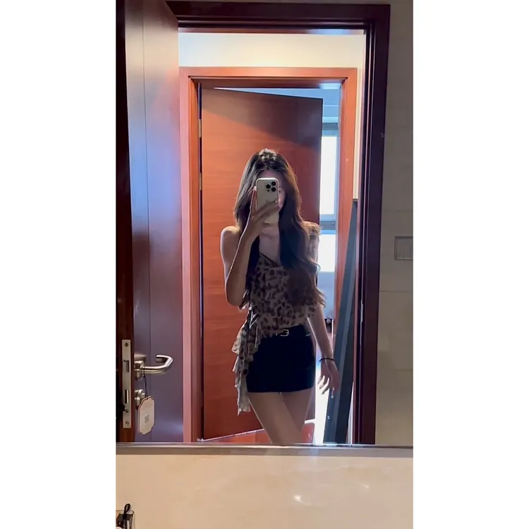 parkyeon美式复古辣妹豹纹不规则荷叶边背心上衣包臀短裙两件套