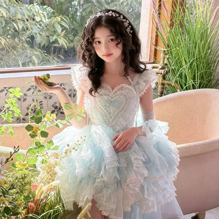 高级女童洛丽塔公主裙儿童蓝色雪精灵蓬蓬裙生日礼服裙爱莎连衣裙