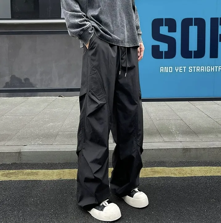 秋季高街褶皱伞兵裤男女同款潮牌宽松速干休闲裤薄款阔腿裤工装裤