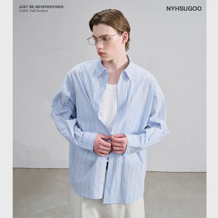 NYHSUGOO/南乙秋季可叠穿多色飞纱混纺条纹长袖衬衫3852男士外套