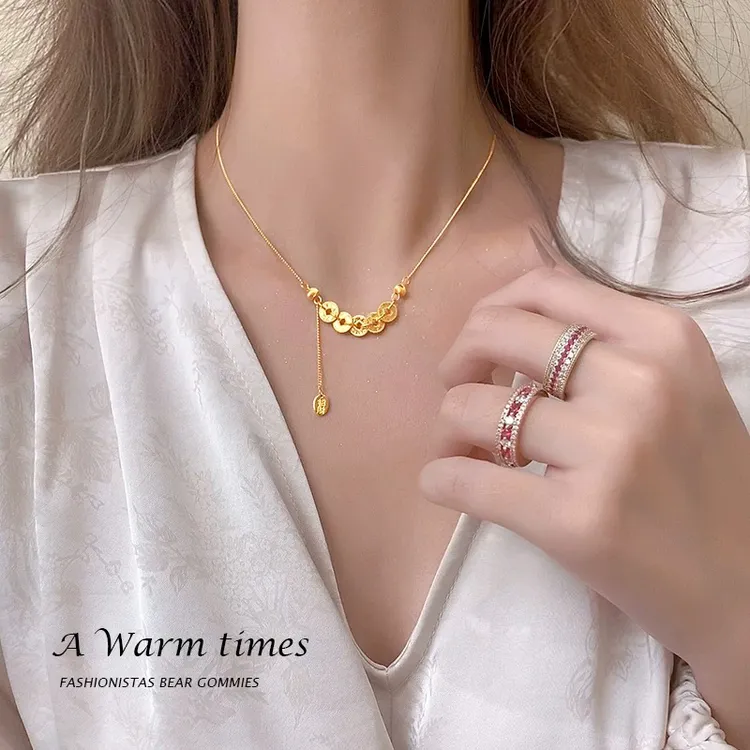 铜合金项链 碎冰冰五帝钱送妈妈的项链女小众高级感锁骨链颈链