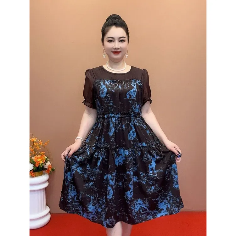 宽松拼接连衣裙碎花裙子夏季2025时尚妈妈假两件新款洋气连衣裙