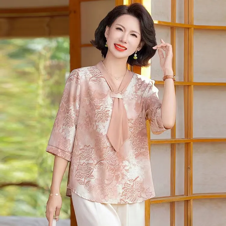 妈妈夏装减龄洋气薄款小衫中年女七分袖时尚气质高贵飘带T恤上衣