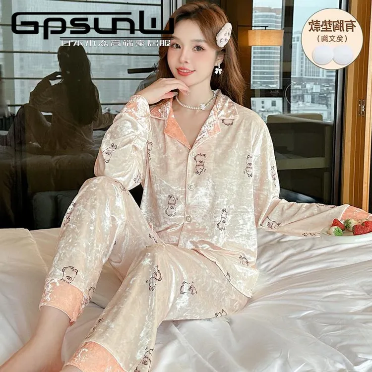 gpsunlu高级感睡衣女冬季金丝绒带胸垫春秋加绒带胸垫家居服套装