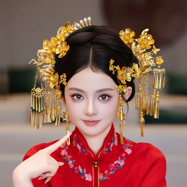 合金树脂婚庆饰品 新娘发饰晨袍金色花朵古风中式造型搭配MT0105