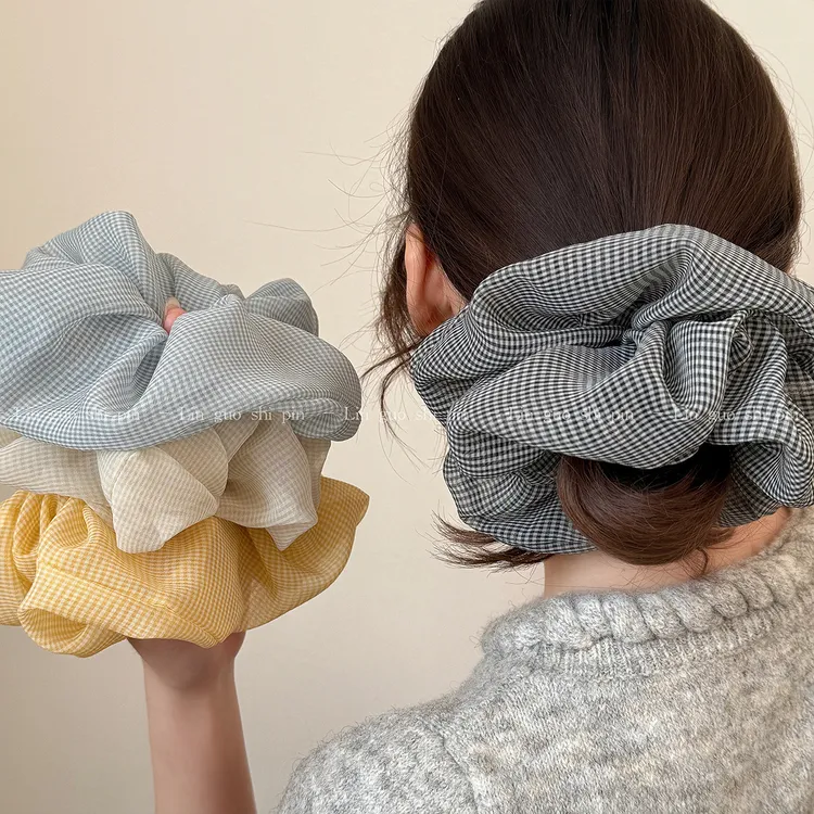 细格纹系列轻纱柔美大肠发圈头绳女高级感丸子头绳扎马尾发饰发绳