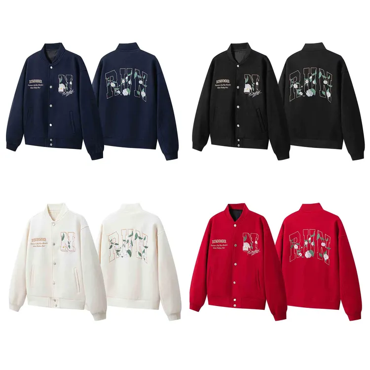 美式复古棒球服重磅宽松衣服立体花型刺绣夹克男女同款毛呢情侣款