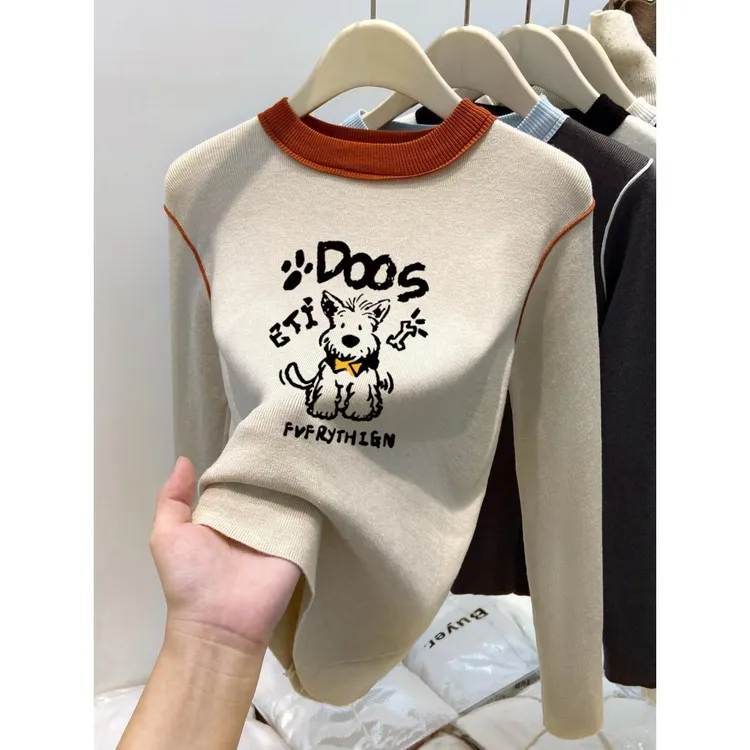 拼色圆领针织打底衫女秋冬可外穿内搭2025年新款修身长袖毛衣上衣