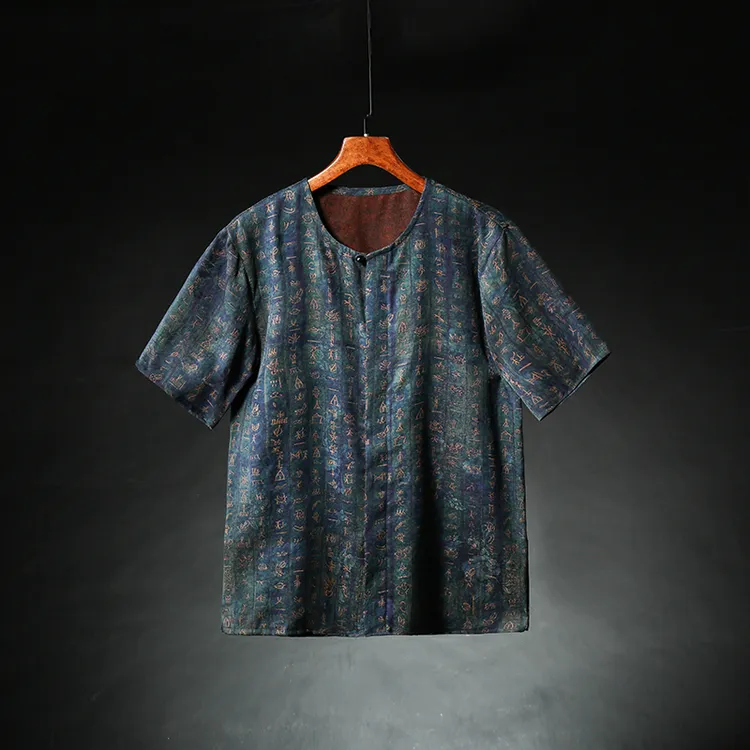 2025夏季新款短袖衬衫开衫花萝红云纱男士t恤上衣中式圆领半袖