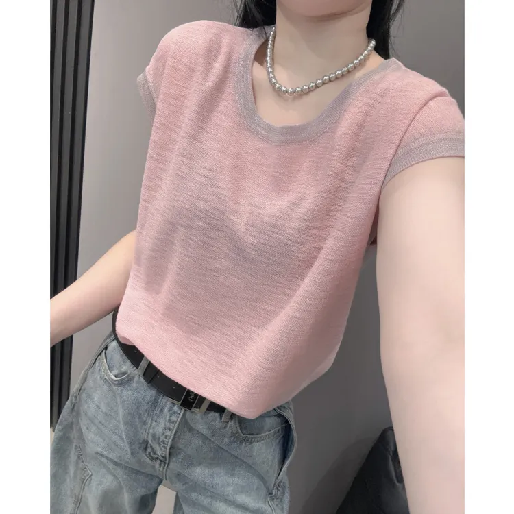 夏天新款设计感撞色冰丝针织衫短袖女遮肚子显瘦宽松薄款欧货上衣