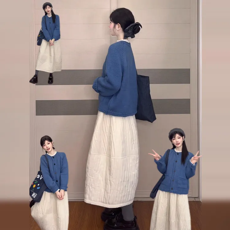 巨好看韩系穿搭一整套连衣裙子女秋冬2025新款毛衣针织开衫半身裙