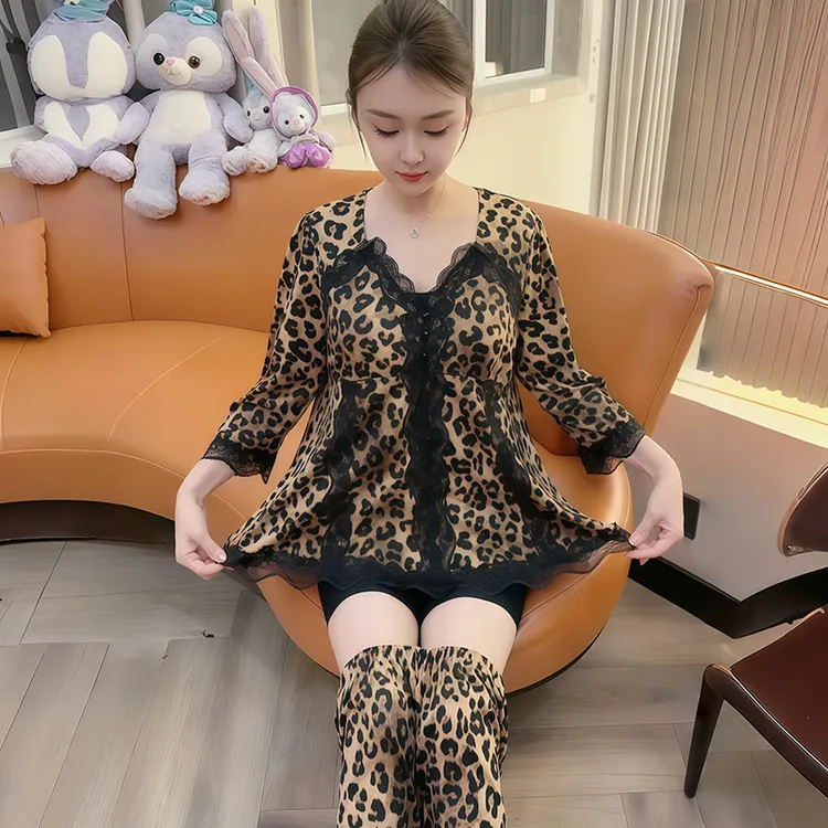 秋冬季睡衣女新款性感蕾丝花边时尚洋气豹纹印花家居服套装可外穿