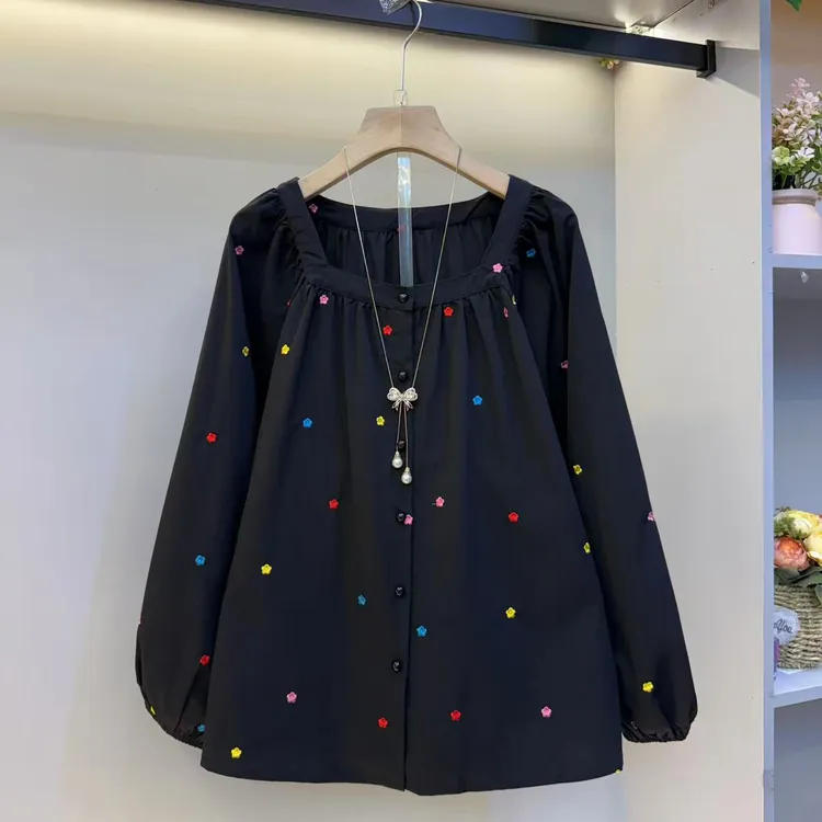 秋冬大码女装方领宽松遮肉显瘦长袖上衣