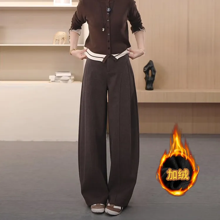 加绒毛呢贝斯裤冬季厚款~糯感休闲裤垂感宽松直筒裤显瘦阔腿裤女