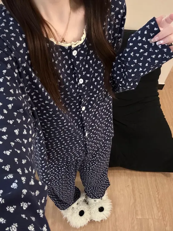 法式复古休闲甜美碎花开衫睡衣女柔软舒适慵懒风家居服套装两件套