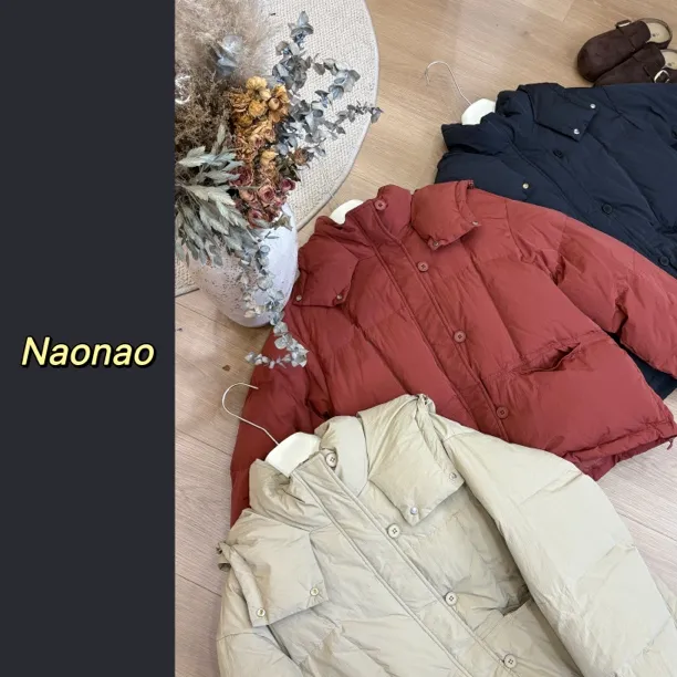 Naonao～冬季韩系扣子款连帽羽绒服白鸭绒外套