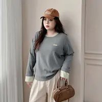 DC8405大码女装【拼色假两件t恤】秋季2025新款圆领内搭长袖打底衫
