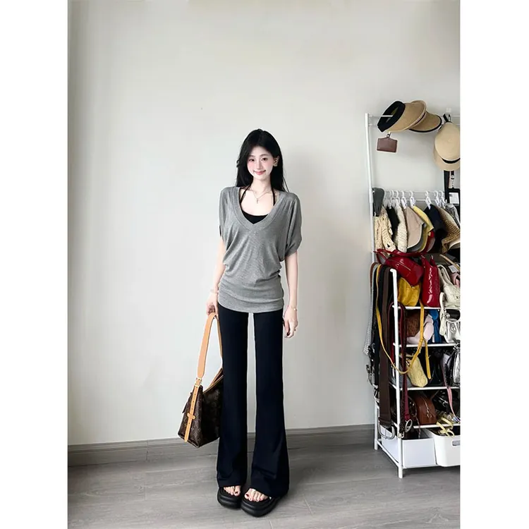 夏季显瘦背心内搭修身U领短款上衣两件套休闲宽松时尚百搭长裤女 