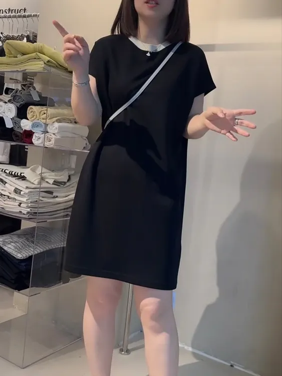 夏季新款时尚连衣裙黑色显瘦宽松短袖百搭休闲薄款透气女裙