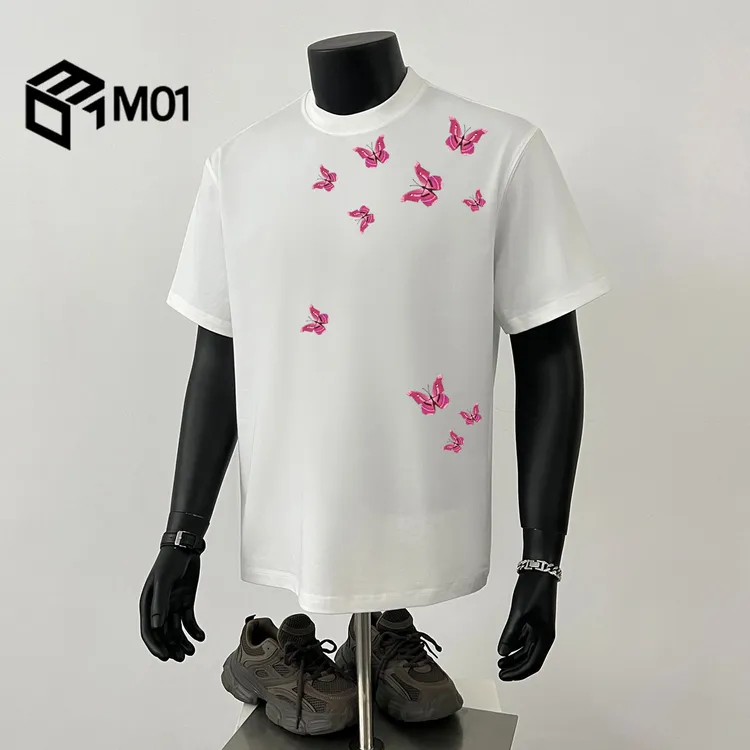M01260g重磅美式复古蝴蝶印花短袖男夏季纯棉圆领T恤情侣半袖上衣