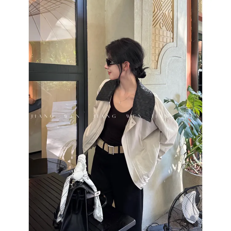 【私服系列】B*V编织领复古秋季翻领百搭休闲宽松拼接夹克外套