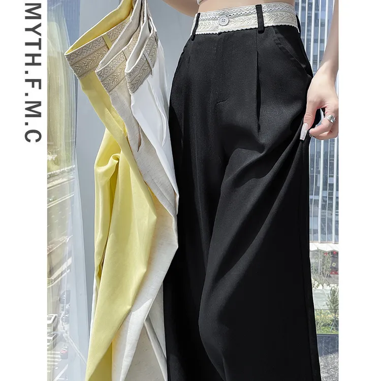 黑色亚麻西装裤子女夏季薄款2025新款宽松直筒冰丝高腰阔腿裤垂感