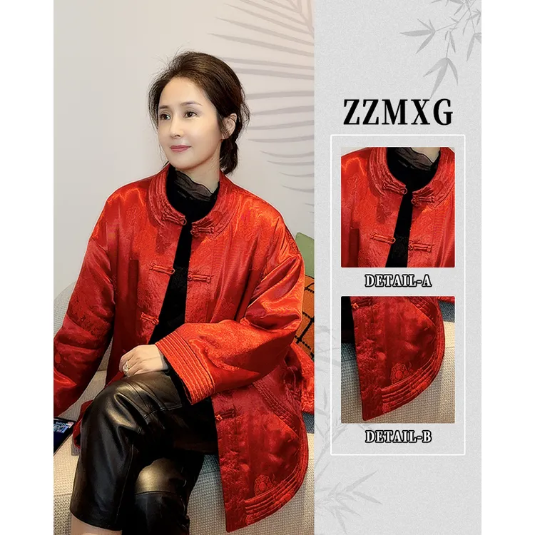 【珍珍美学馆】盘扣棉服冬季棉袄固色提花加绒女厚款圆领外套80016