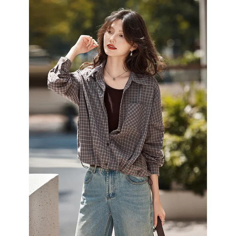 SS2756【摩登风】25秋季格纹拼接假两件短款美式复古抽绳衬衫