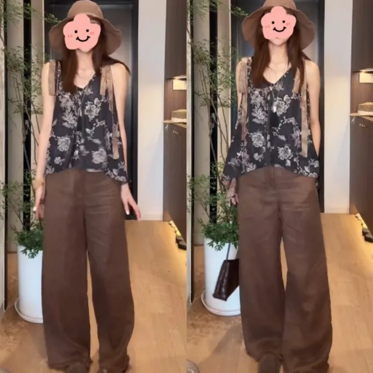 2025新款复古印花双肩飘带无袖背心吊带+休闲直筒长裤LK2505228