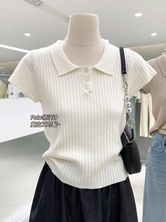 简约百搭纯色薄款Polo领短袖显瘦针织衫夏季新款miu系T恤上衣女