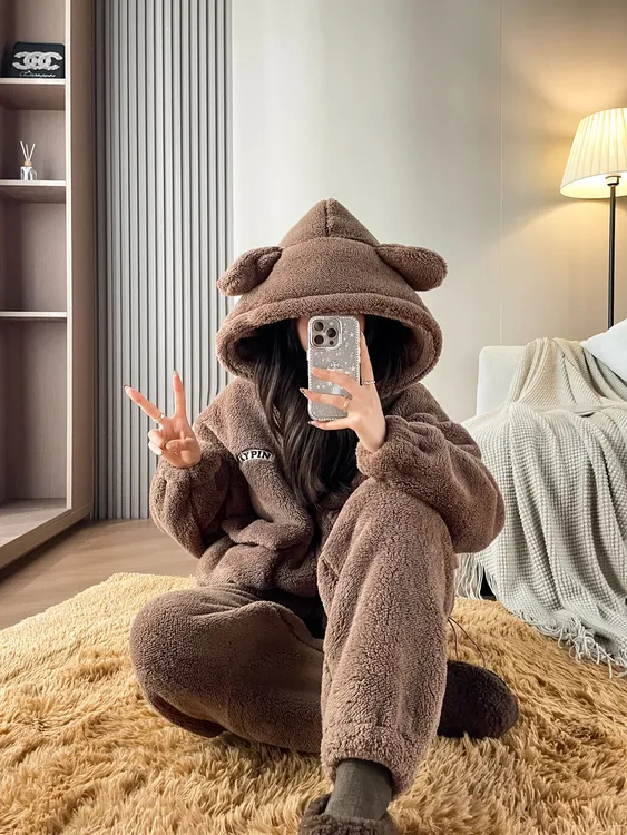 特厚双层复合绒！零下15 °Mis熊睡衣巨保暖情侣款连帽家居服可外穿