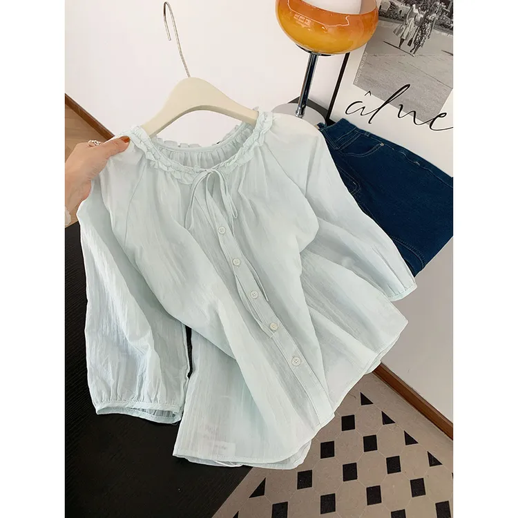 韩系小清新蝴蝶结系带七分袖衬衫女夏季绿色木耳花边圆领小衫上衣