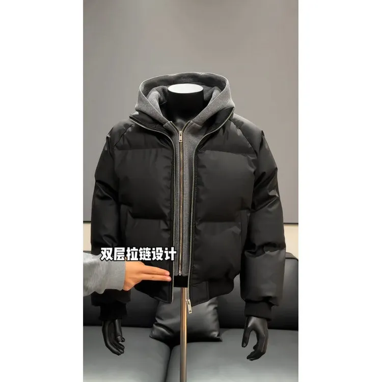 PU皮假两件连帽夹克棉服男冬季加厚保暖棉衣外套美式短款廓形棉