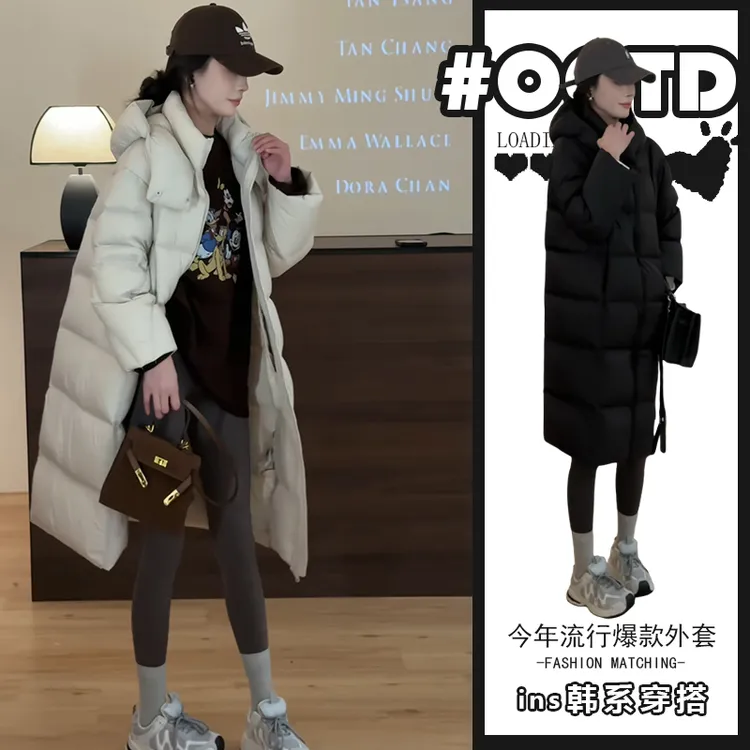 2025冬季新款韩版宽松休闲百搭棉服外套女美式气质中长款连帽棉衣