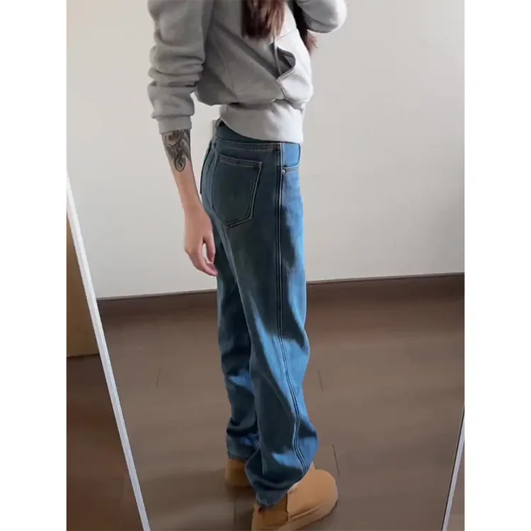 秋冬款加绒大码女高腰显瘦直筒牛仔裤梨型身材宽松百搭窄版阔腿裤