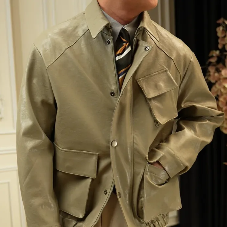 复古芦荟绿PU皮衣时尚通勤机车男夹克防风耐磨保暖廓形外套秋冬