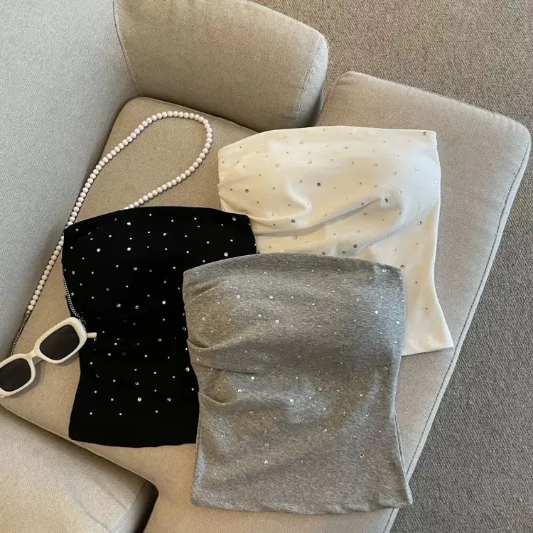 【法式抹胸】烫钻紧身带胸垫抹胸背心女辣妹纯欲裹胸短款上衣外穿