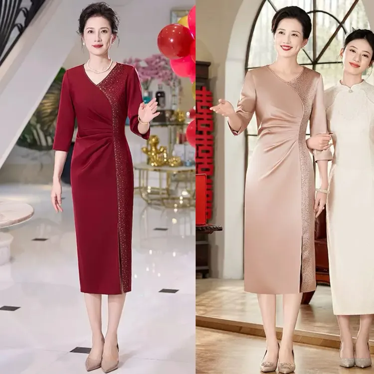 高端缎面修身礼服裙喜婆婆改良旗袍喜妈妈婚宴晚礼服连衣裙日常J