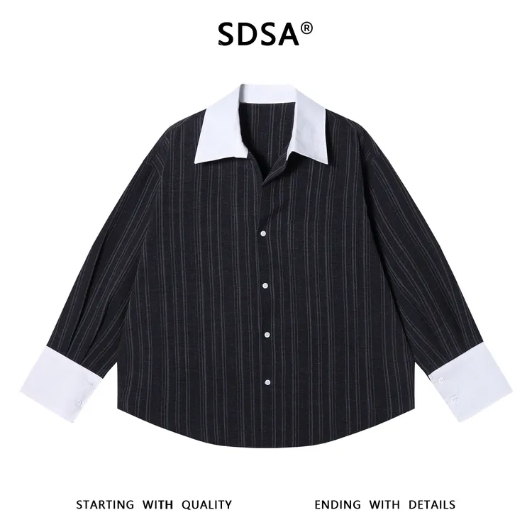 SDSA男士秋冬新款痞帅男装潮牌撞色竖纹设计翻领衬衫百搭宽松衬衣