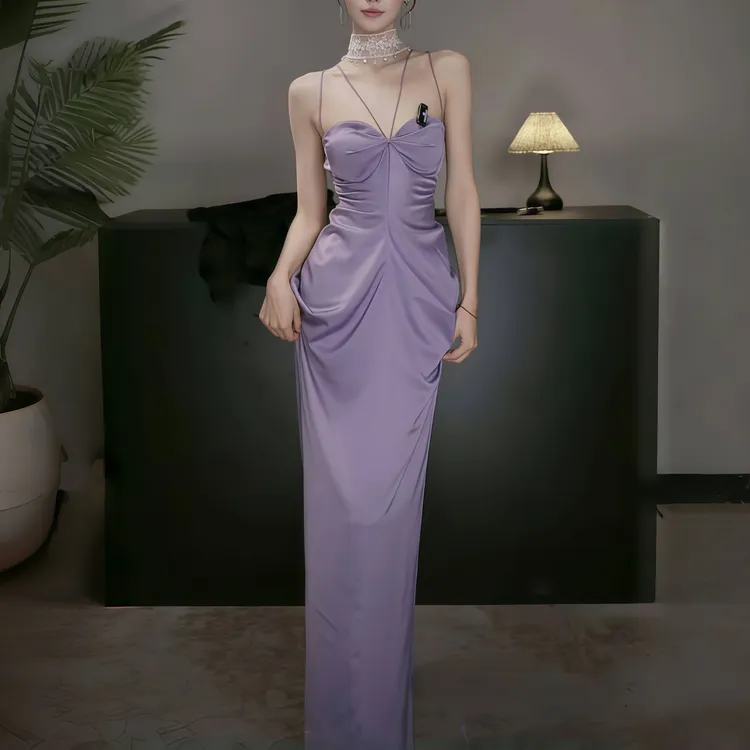 运补6-8性感显瘦美背挂脖度假风连衣裙纯欲紫色御姐修身显瘦长裙