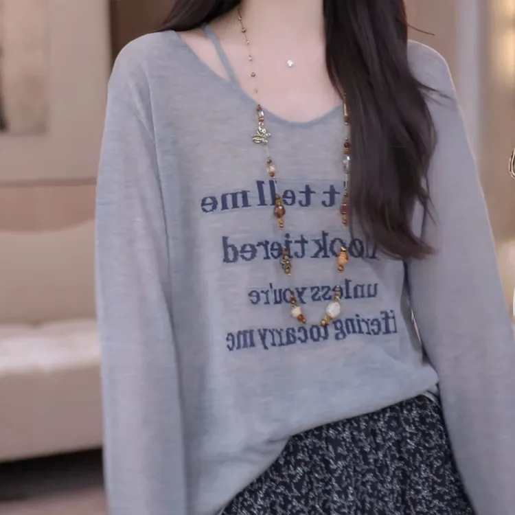 韩版时尚长袖T恤女美式印花甜美宽松显瘦小众减龄上衣慵懒风罩衫