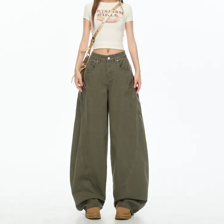 POYZ美式复古设计感大口袋工装弯刀裤女设计感宽松百搭拖地牛仔裤